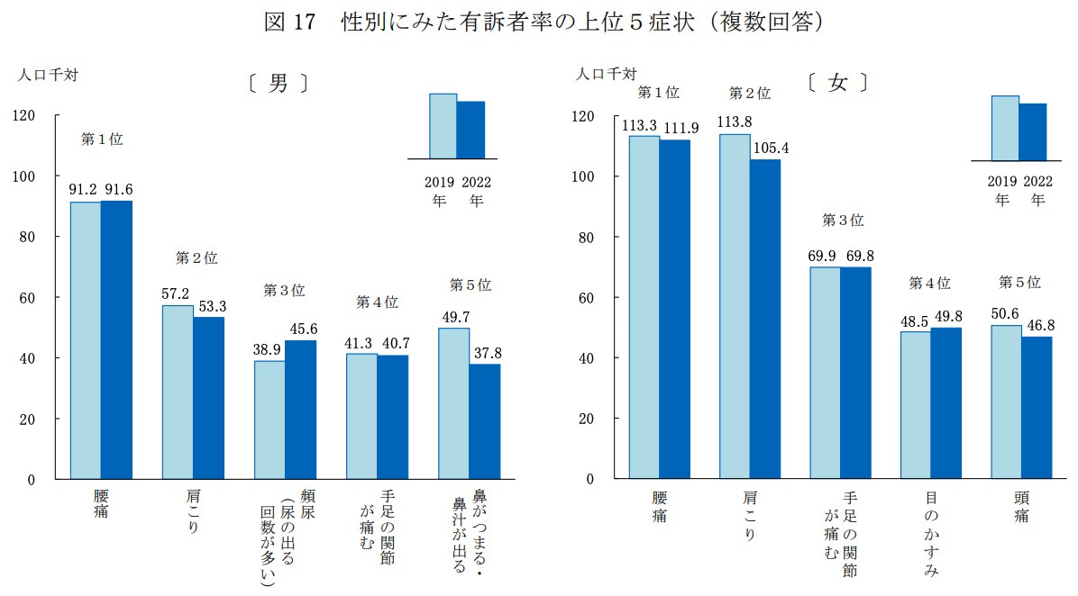 性別にみた有訴者率の上位5症状（複数回答）