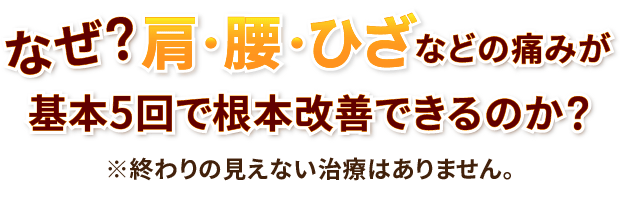 なぜ？肩•腰•ひざなどの痛みが基本5回で根本改善できるのか？※終わりの見えない治療はありません。